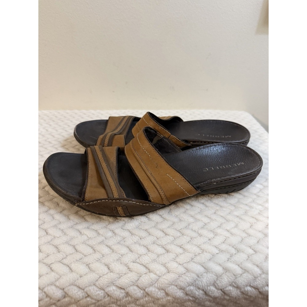 Merrell Womens Piccolo Sandals Brown Leather Dual-Strap Slide Slip Sandals Sz 8